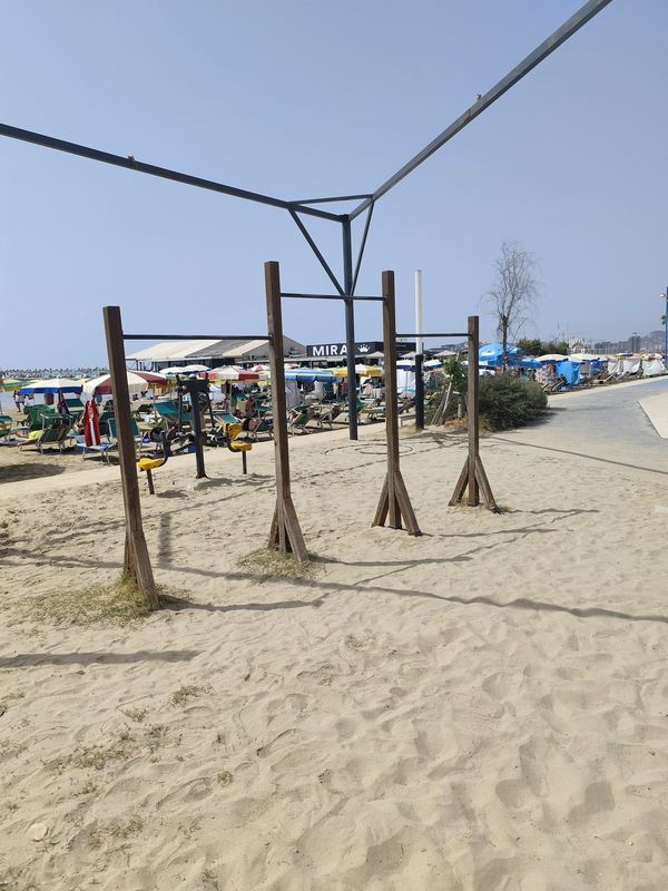 Shufrat dhe shëtitorja, me bar-restorantet e plazhit prapa.