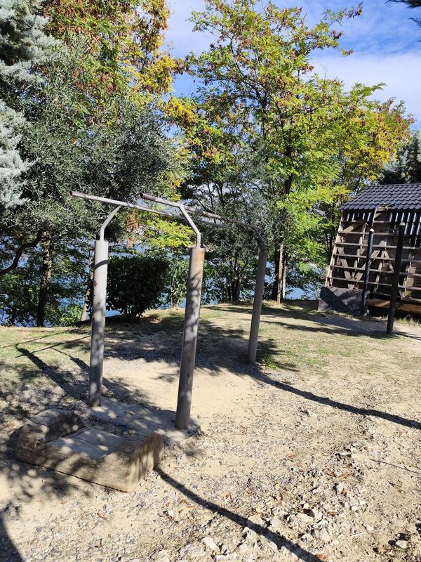 The parallel bars, with the lake through the trees behind.